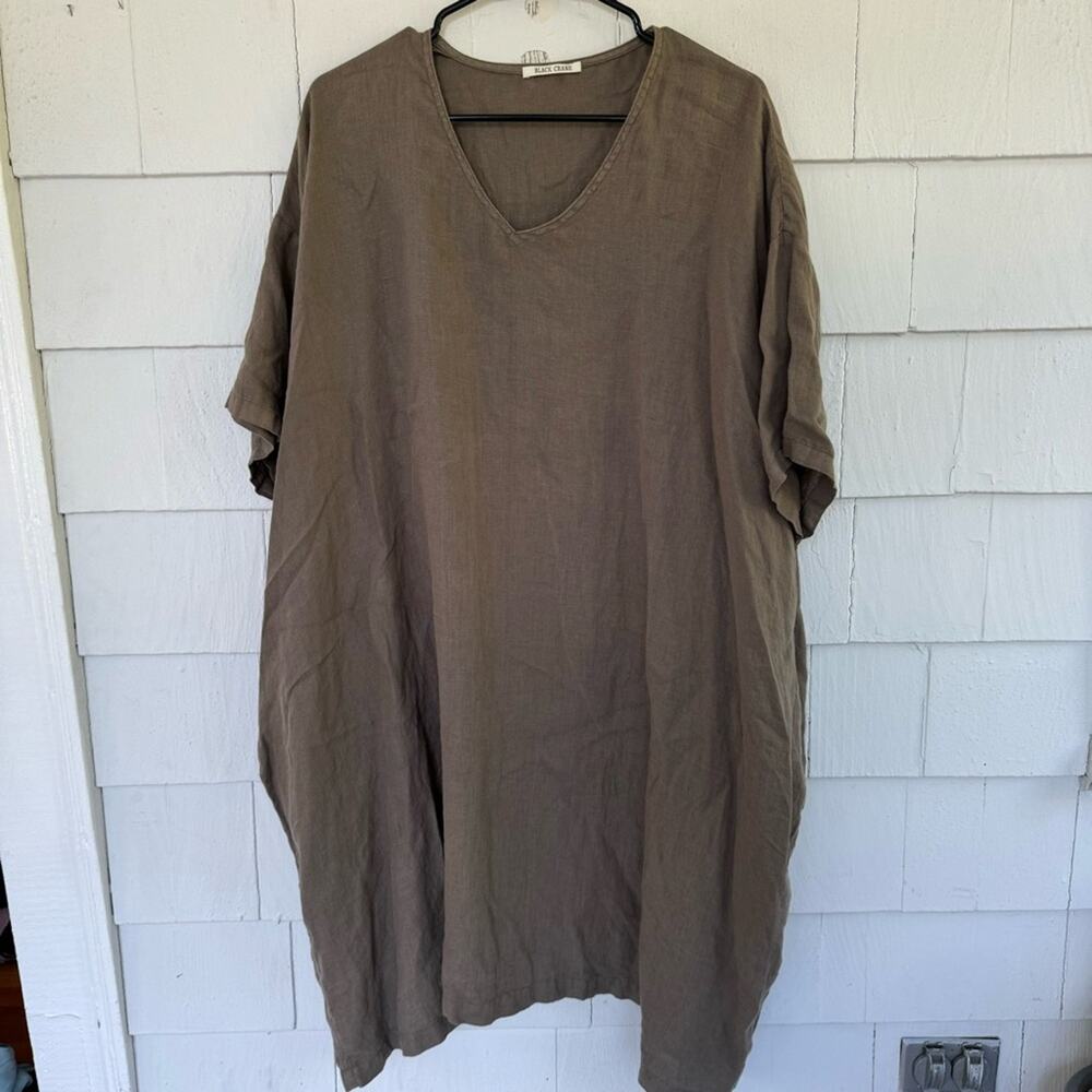 Black Crane V-Neck Short Sleeve Linen Dress Brown size XS